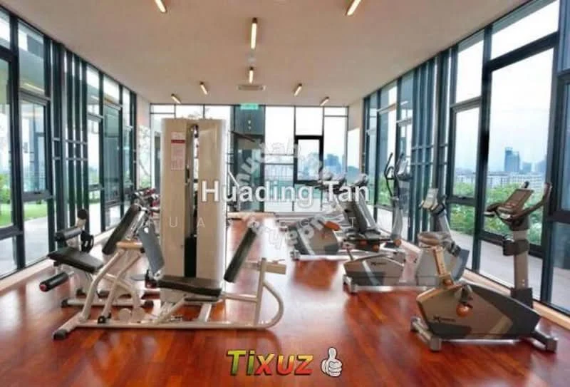 Room features: large windows with city view, wooden flooring, various gym equipment, treadmill, stationary bike, weight machine, exercise mats, overhead lighting, mirrored wall, air conditioning unit; style: modern; view: city.