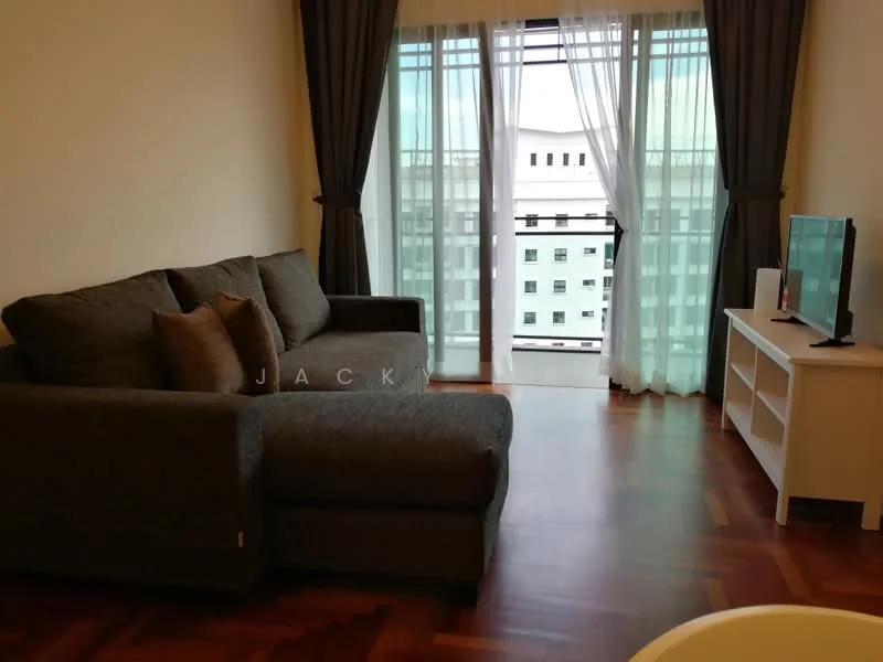 Living features: L-shape sectional sofa in grey, 2 decorative cushions, wooden flooring, floor-to-ceiling windows, sheer curtains, TV console in white, wall-mounted TV, area rug, balcony view; style: modern; view: city.
