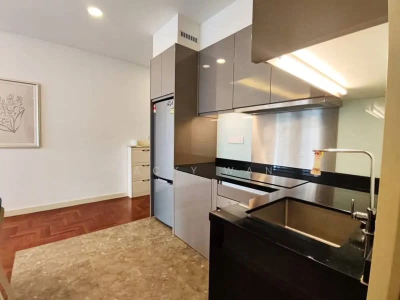 Kitchen features: black granite countertop, stainless-steel single-bowl sink, chrome pull-down faucet, built-in oven, stainless-steel fridge, grey flat-panel cabinets, ceramic tile flooring, recessed LED downlights, backlit splashback, kitchen island, open shelving, wall-mounted cabinets; style: modern.