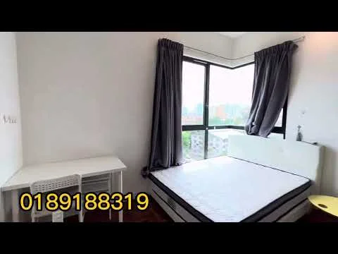 Bedroom features: floor-to-ceiling windows, grey curtains, white walls, wooden flooring, queen-size bed, study desk with chair, decorative wall shelf, nightstand, light fixture; style: modern; view: city.