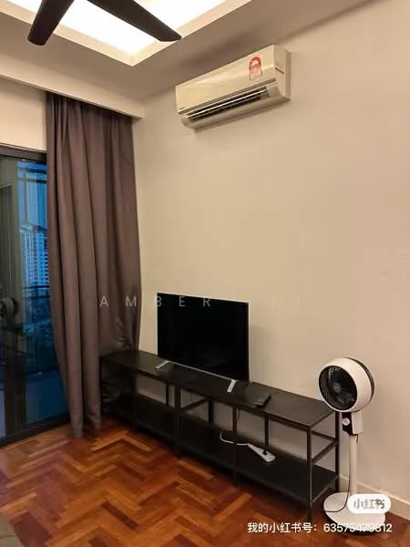 Living features: wooden flooring, white painted walls, 5-blade ceiling fan, wall-mounted TV, TV console in black, floor-to-ceiling windows, dark grey curtains, wall-mounted split AC; style: modern; view: city.