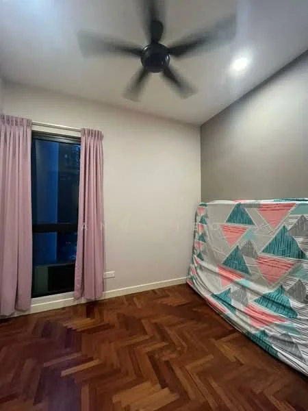 Bedroom features: parquet wood flooring, grey accent wall, white painted walls, floor-to-ceiling window, sheer curtains in light purple, ceiling fan, unmade bed with patterned bedding.
