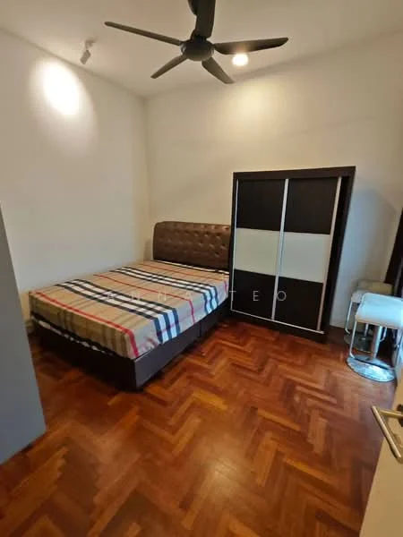 Bedroom features: king-size bed with upholstered headboard, plaid patterned bedspread, wooden flooring with herringbone pattern, ceiling fan, built-in wardrobe with sliding doors, decorative wall light, window with no visible treatment, nightstand; style: modern.