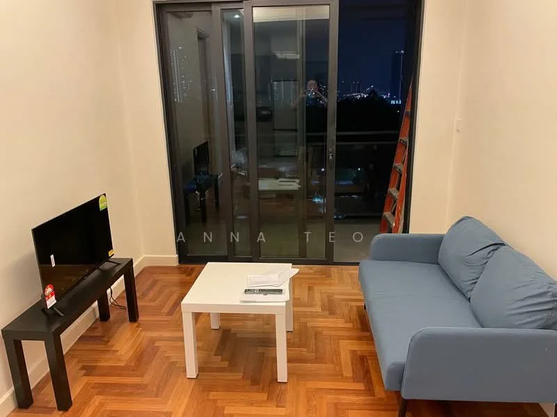 Living features: blue fabric sofa, white coffee table, black TV console, flat-screen TV, parquet wood flooring, floor-to-ceiling sliding glass door, city skyline view, decorative ladder; style: modern; view: city.