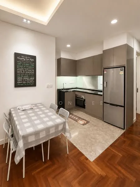 Kitchen features: grey flat-panel cabinets, black countertop, stainless-steel fridge, built-in microwave, ceramic tile backsplash, single-bowl stainless-steel sink, chrome pull-down faucet, recessed downlights, wooden flooring, dining table with checkered tablecloth, four white dining chairs; style: modern.