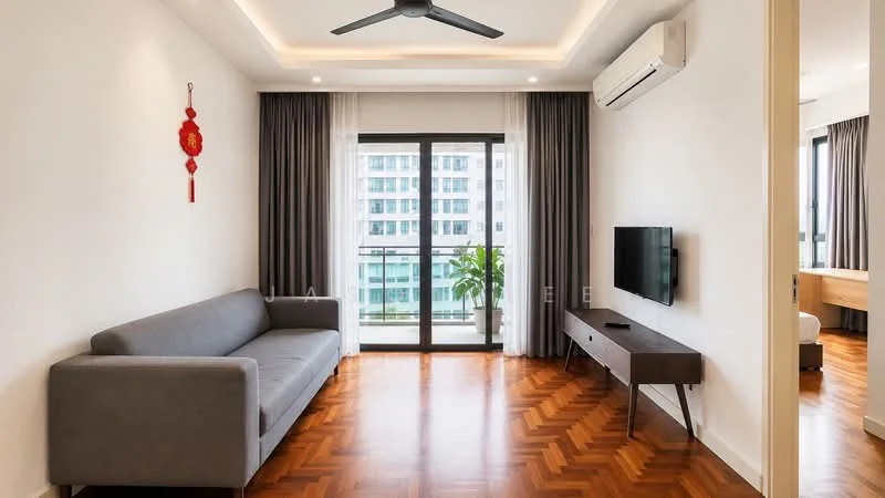 Living features: grey fabric sofa, wooden TV console, wall-mounted TV, floor-to-ceiling windows, sliding glass door, curtains, ceiling fan with light, parquet wood flooring, recessed ceiling lights, decorative wall hanging; style: modern; view: city.