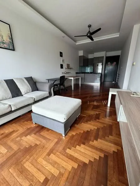 Living features: 3-seater fabric sofa in grey, ottoman with storage, wooden coffee table, TV console, wall-mounted TV, wooden flooring, ceiling fan, decorative wall art, large windows, open layout to kitchen, recessed ceiling with lighting; style: modern. Kitchen features: kitchen island, stainless-steel sink, built-in cabinets, refrigerator, stove, oven, countertop, open shelving; style: modern.