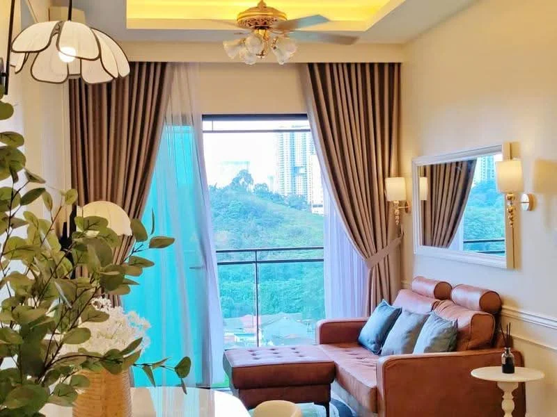 Living features: 3-seater leather sofa in brown, decorative cushions in various colors, coffee table, wall-mounted mirror, floor-to-ceiling windows, sheer curtains, heavy drapes in beige, ceiling fan with light, recessed lighting, decorative wall sconces, wooden flooring, greenery view from window; style: modern; view: mountain.