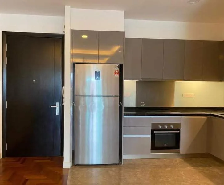 Kitchen features: stainless-steel fridge, built-in oven, black countertop, grey upper cabinets, dark wood lower cabinets, ceramic tile flooring, black backsplash, single-bowl stainless-steel sink, chrome pull-down faucet, wall-mounted cabinet, kitchen island, recessed downlights; style: modern.