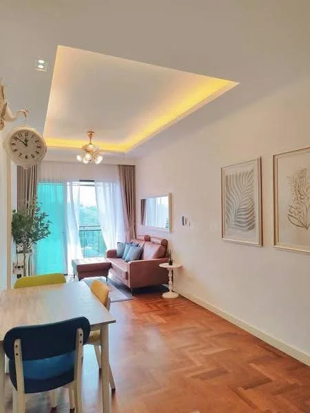 Living features: parquet wood flooring, white painted walls, tray ceiling with recessed lighting, chandelier, floor-to-ceiling windows with sheer curtains, sofa in brown fabric, decorative wall art, side table, indoor plant, dining table with four chairs; style: modern; view: city.
