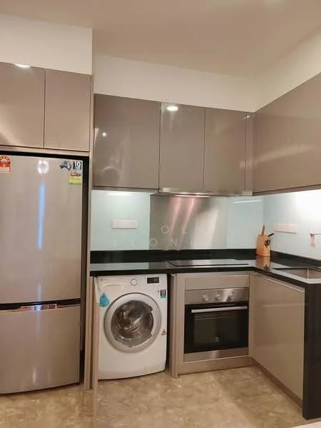 Kitchen features: grey high-gloss cabinetry, black granite countertop, stainless-steel fridge, front-load washing machine, built-in oven, 4-burner gas hob, stainless-steel range hood, white tiled backsplash, marble tile flooring, under-cabinet lighting; style: modern.