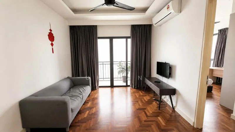 Living features: grey fabric sofa, wooden coffee table, wall-mounted TV, TV console, 5-blade ceiling fan, floor-to-ceiling windows, sliding glass door, curtains, parquet wood flooring, air conditioning unit, decorative wall hanging; style: modern; view: city.