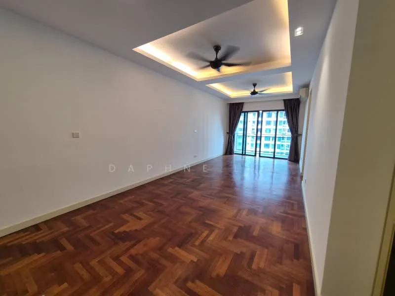 Living features: parquet wood flooring, white painted walls, tray ceiling with recessed lighting, 2 ceiling fans, floor-to-ceiling windows, sliding glass door, curtains, natural light; style: modern; view: city.
