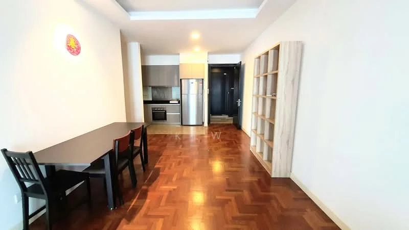 Living features: parquet wood flooring, white painted walls, recessed downlights, dining table with 4 black chairs, built-in wooden shelving unit, stainless-steel fridge, built-in oven, ceramic cooktop, kitchen cabinetry in dark wood, open layout, door leading to hallway; style: modern.