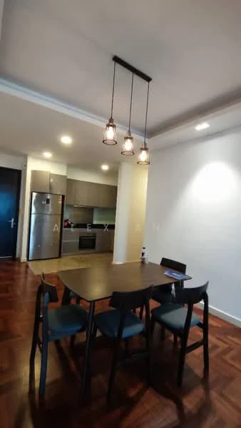 Dining features: wood dining table, 4 dining chairs, 3 pendant lights, dark wood flooring, white painted walls, recessed downlights, open kitchen layout, stainless-steel fridge, grey cabinetry, black countertop; style: modern.