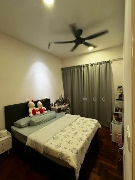 Bedroom features: queen-size bed with white bedding, upholstered headboard in dark green, 2 bedside tables with drawers, ceiling fan with light, grey curtains, wooden flooring, decorative stuffed toys on bed, dressing table with mirror, makeup storage on table; style: modern.