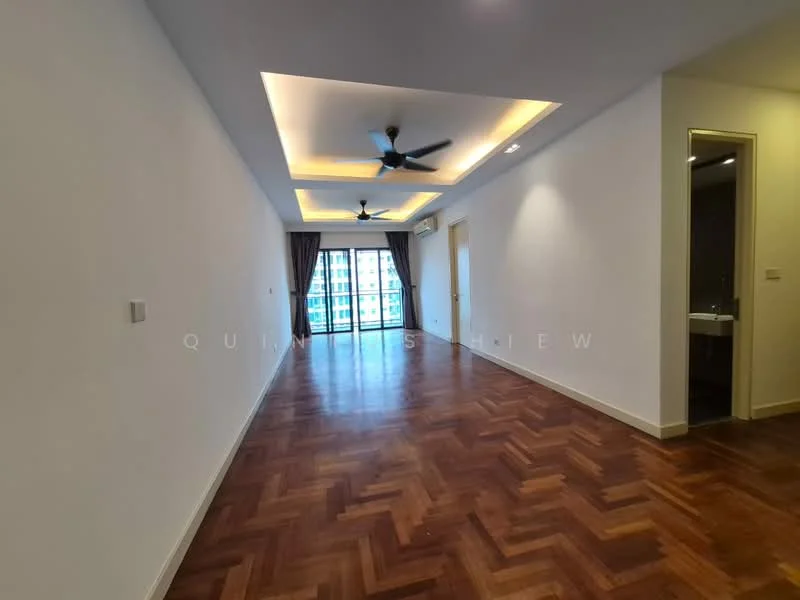 Living features: parquet wood flooring, white painted walls, tray ceiling with recessed lighting, 5-blade ceiling fan with light, floor-to-ceiling windows, sliding glass door, curtains, balcony access, air conditioning unit; style: modern; view: city. Room features: white painted walls, doorway leading to bathroom.