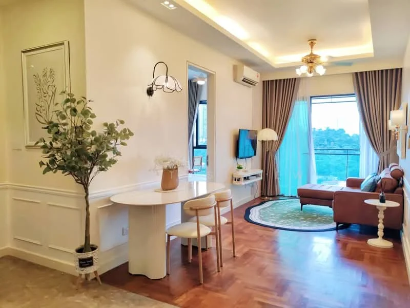 Living features: wooden flooring, white painted walls, crown moulding, recessed downlights, 5-blade ceiling fan with light, floor-to-ceiling windows, sheer curtains, sofa in brown fabric, coffee table, area rug with circular pattern, TV console, decorative floor lamp, indoor plant, wall-mounted TV; style: modern; view: garden. Dining features: round dining table, 4 upholstered dining chairs, decorative vase on table; style: modern.