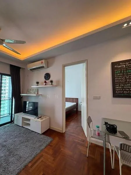 Living features: 5-blade ceiling fan with integrated LED light, wall-mounted TV, white TV console, grey area rug, recessed lighting, cream painted walls, dark wood flooring, sliding glass door, floor-to-ceiling windows, balcony access, decorative wall art, open shelving, dining table with transparent chairs; style: modern; view: city. Room features: white painted walls, dark wood flooring, bed visible in background.