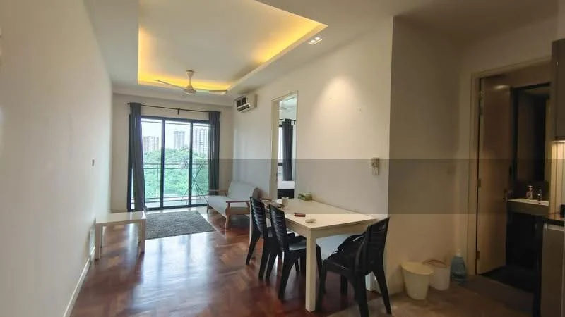 Living features: wooden flooring, white painted walls, recessed ceiling with LED lighting, floor-to-ceiling windows, sliding glass door, blackout curtains, ceiling fan, dining table with chairs, sofa, area rug; style: modern; view: garden. Room features: white painted walls, doorway to bathroom, mirror, light fixture.