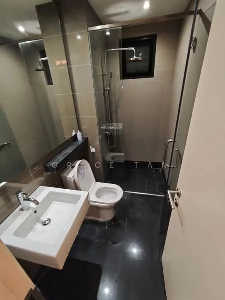 Bathroom features: walk-in shower with glass enclosure, rain shower head, handheld shower, white ceramic toilet, single-sink vanity with square basin, chrome basin mixer faucet, black countertop, grey tiled walls, black tiled flooring, recessed downlights, mirror with no frame, window for natural light; style: modern.