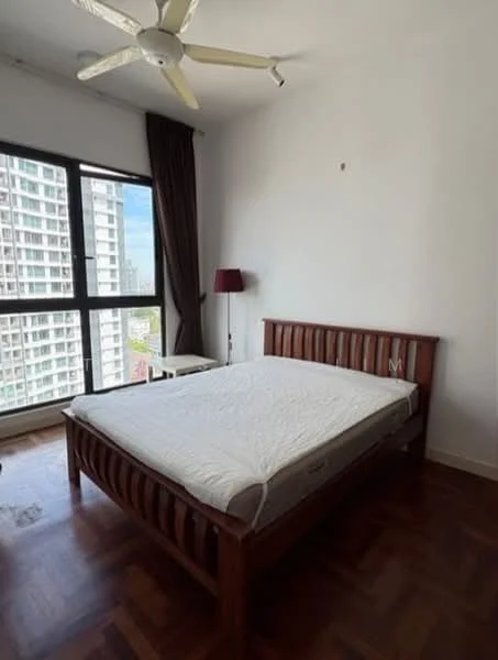 Bedroom features: wooden bed frame, queen-size bed, parquet wood flooring, floor-to-ceiling windows, curtains, ceiling fan, table lamp, city view; style: modern; view: city.
