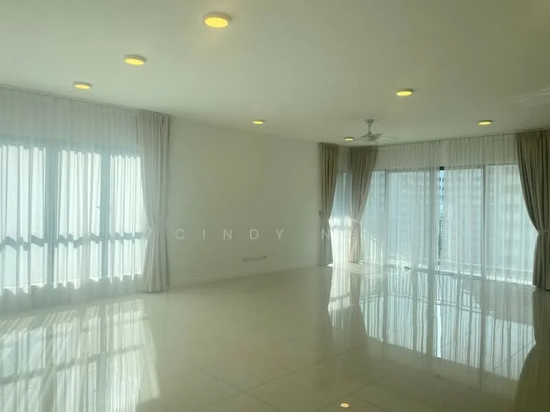 Living features: white painted walls, glossy tile flooring, recessed downlights, 5-blade ceiling fan, floor-to-ceiling windows, sheer curtains, blackout curtains, natural light, open layout, city view; style: modern; view: city.