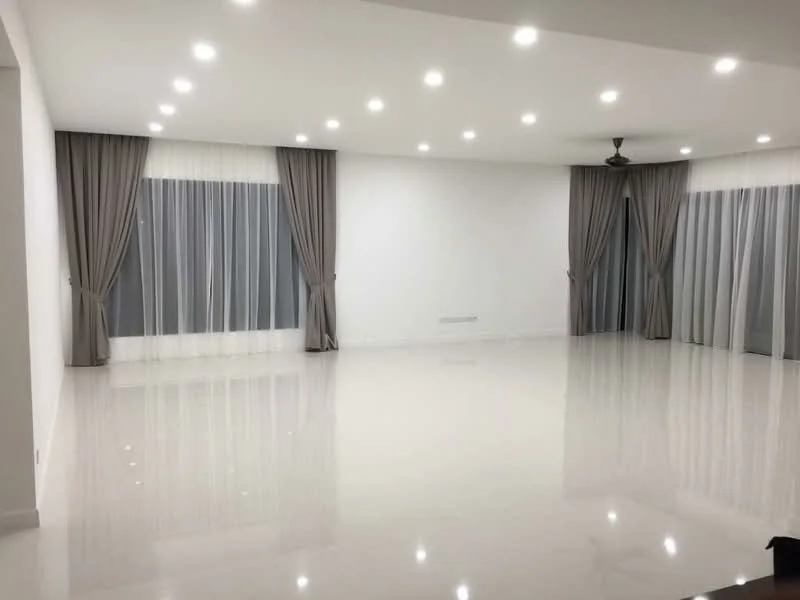 Living features: white painted walls, polished ceramic tile flooring, recessed LED downlights, 5-blade ceiling fan, floor-to-ceiling windows, sheer curtains, grey curtains, open layout; style: modern.