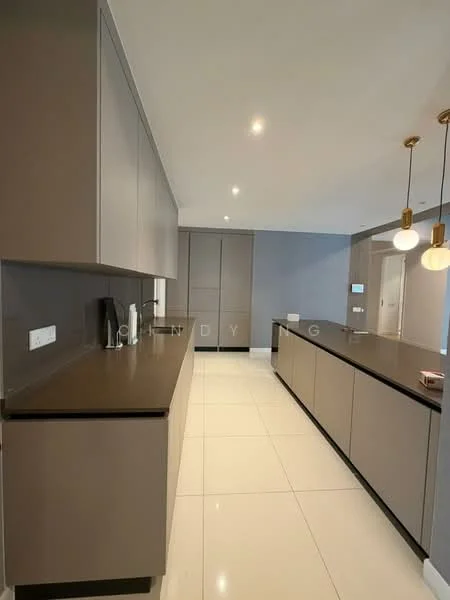 Kitchen features: grey cabinetry, white quartz countertop, built-in oven, stainless-steel sink, chrome pull-down faucet, pendant lighting, recessed downlights, ceramic tile flooring, smooth wall finish, open layout; style: modern.