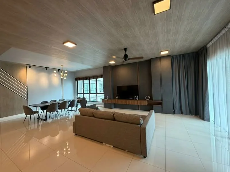 Living features: grey fabric sofa, coffee table, wall-mounted TV, entertainment unit, 5-blade ceiling fan with light, recessed LED downlights, large floor-to-ceiling windows, curtains, white tiled flooring, wooden accent wall, dining table with chairs, decorative light fixtures; style: modern; view: city.