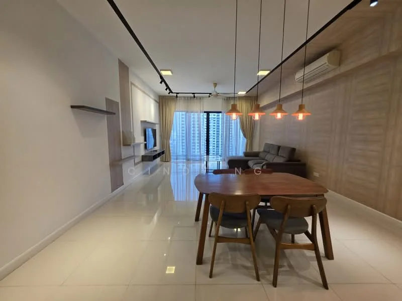 Living features: white painted walls, wood feature wall, glossy tile flooring, sofa in grey, coffee table, wall-mounted TV, suspended shelving unit, recessed downlights, floor-to-ceiling windows with sheer curtains, dining table with wooden legs, upholstered dining chairs in blue, air conditioning unit; style: modern; view: city.