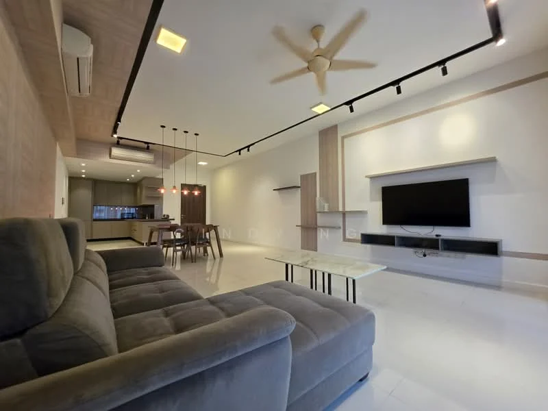 Living features: 3-seater fabric sofa in grey, coffee table with marble top, wall-mounted TV, TV console, ceiling fan with light, recessed LED downlights, open shelving, dining table with chairs, floor-to-ceiling windows, white walls, light-colored flooring, wood paneling accent wall; style: modern.
