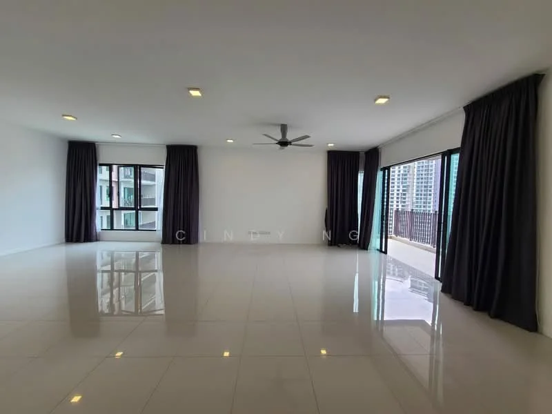 Living features: white painted walls, glossy ceramic tile flooring, 5-blade ceiling fan with light, floor-to-ceiling windows, sliding glass doors, blackout curtains, natural light from windows, open layout; style: modern; view: city.