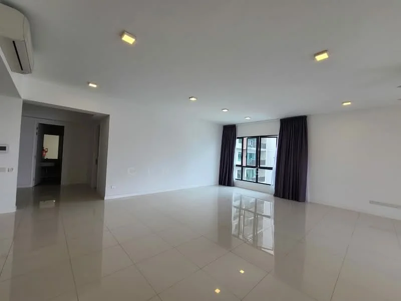 Living features: white painted walls, glossy ceramic tile flooring, recessed LED downlights, floor-to-ceiling windows, curtains in dark purple, 1 wall-mounted split AC; style: modern. Room features: white painted walls, glossy ceramic tile flooring, recessed LED downlights.