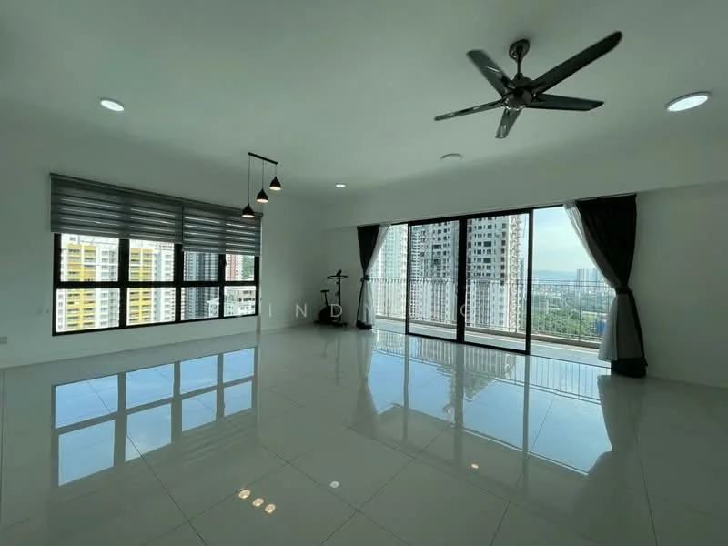 Living features: white painted walls, glossy tile flooring, 5-blade ceiling fan with light, floor-to-ceiling windows, sliding glass door, blackout curtains, sheer curtains, recessed downlights, balcony view of city skyline; style: modern; view: city.