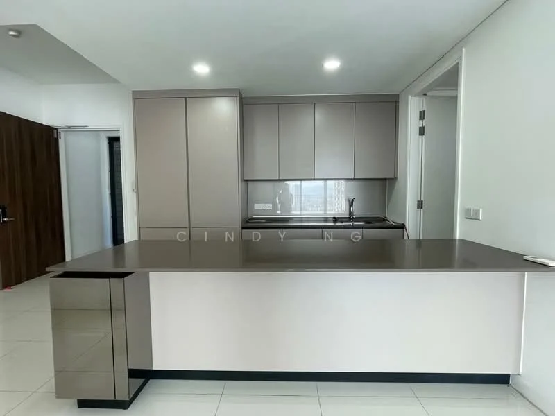 Kitchen features: grey flat-panel cabinets, white countertop, single-bowl stainless-steel sink, chrome pull-down faucet, built-in oven, freestanding range oven, ceramic tile flooring, recessed downlights; style: modern.