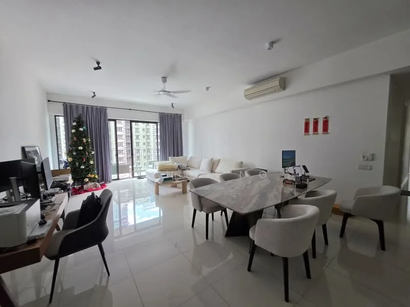 Living features: white painted walls, polished tile flooring, 5-blade ceiling fan with light, floor-to-ceiling windows, sliding glass door, grey curtains, sofa in light fabric, marble dining table, upholstered dining chairs, Christmas tree, computer desk, TV console, decorative wall art; style: modern; view: city.