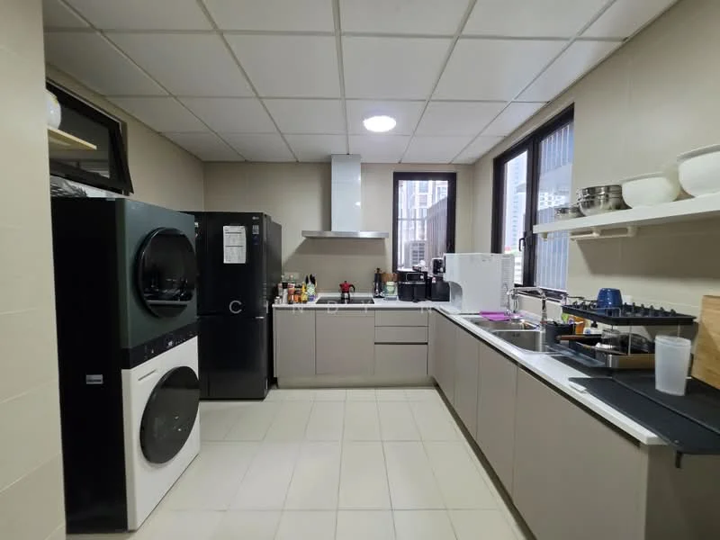 Kitchen features: grey cabinetry, white countertop, stainless-steel sink, chrome pull-down faucet, built-in oven, freestanding range oven, black refrigerator, front-load washing machine, drying machine, open shelving, tile flooring, recessed ceiling lights, window with view; style: modern.