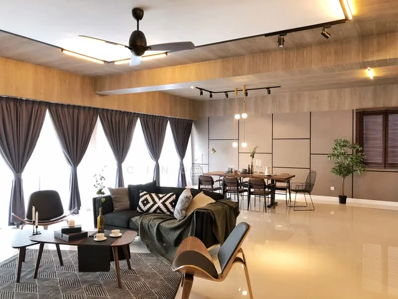 Living features: 3-seater fabric sofa in dark grey, black and white geometric throw pillows, wooden coffee table, floor-to-ceiling windows with sheer curtains, recessed LED downlights, 5-blade ceiling fan with light, decorative wall paneling, polished ceramic tile flooring, area rug with geometric pattern, indoor plant in ceramic pot; style: modern; view: city. Dining features: 6-seater dining table, metal dining chairs, pendant lighting above dining table, decorative wall paneling, wooden flooring, large windows with blinds; style: modern; view: city.
