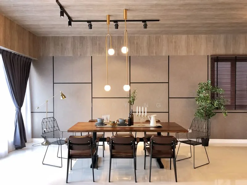 Dining features: wood dining table, 6 black wire dining chairs, pendant lighting with two bulbs, track lighting on ceiling, grey accent wall with grid pattern, cream painted walls, floor-to-ceiling windows with sheer curtains, dark wooden window blinds, decorative plants in pots, table setting with plates and cutlery, candle holders on table; style: modern.