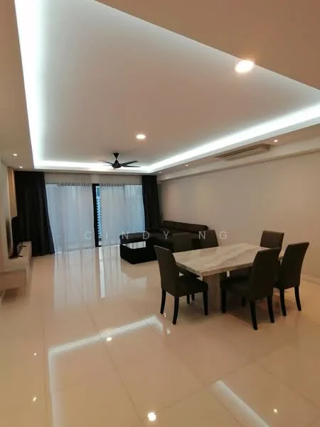 Living features: white painted walls, glossy tile flooring, recessed LED downlights, 5-blade ceiling fan, floor-to-ceiling windows, blackout curtains, L-shape sectional sofa in dark brown, 6-seater dining table with white tabletop, upholstered dining chairs in dark fabric, TV console, wall-mounted TV; style: modern.