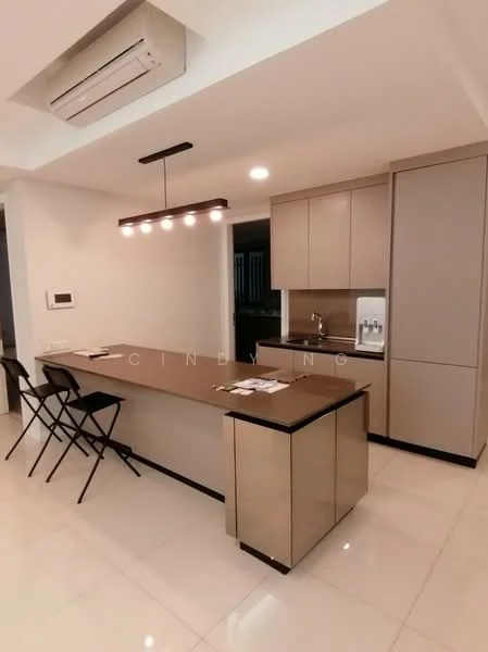 Kitchen features: island kitchen with bar seating, stainless-steel sink, chrome pull-down faucet, quartz countertop, flat-panel cabinetry in beige, built-in refrigerator, built-in oven, recessed LED downlights, pendant lighting above island, white tiled flooring, wall-mounted split AC; style: modern.