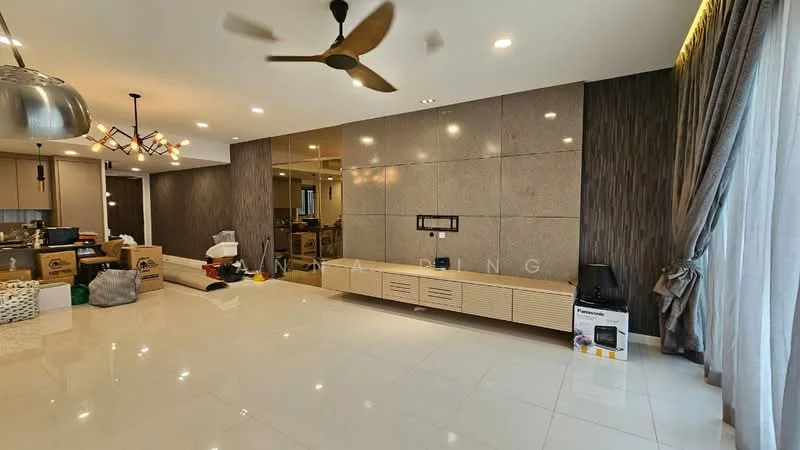 Living features: white tiled flooring, feature wall with textured panels, built-in TV console with storage, large floor-to-ceiling windows with sheer curtains, 5-blade ceiling fan, recessed lighting, decorative light fixture, open layout to kitchen area; style: modern.