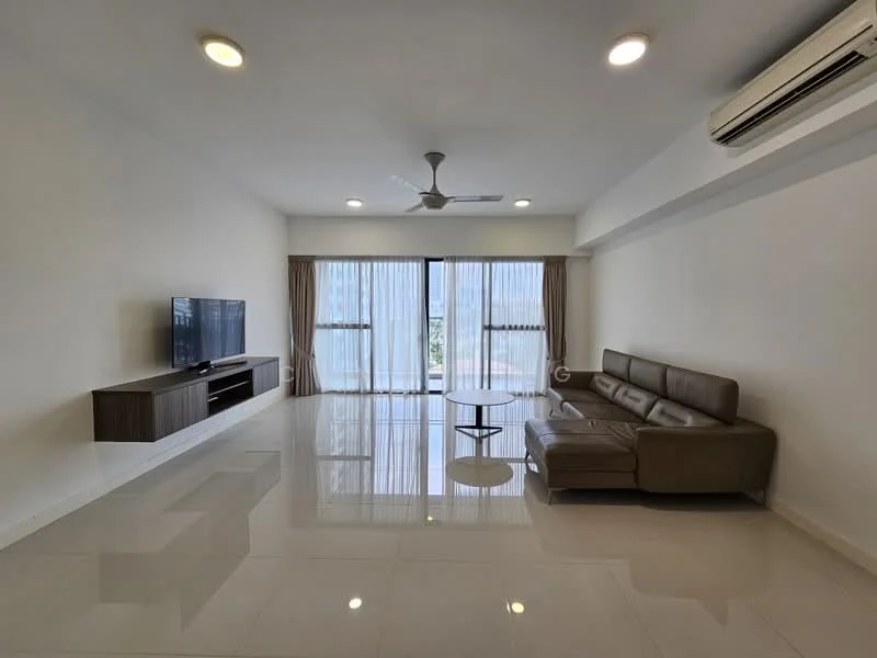 Living features: 3-seater leather sofa in brown, coffee table, wall-mounted TV, TV console, floor-to-ceiling windows, sheer curtains, ceiling fan, recessed downlights, glossy tile flooring, neutral painted walls; style: modern; view: city.