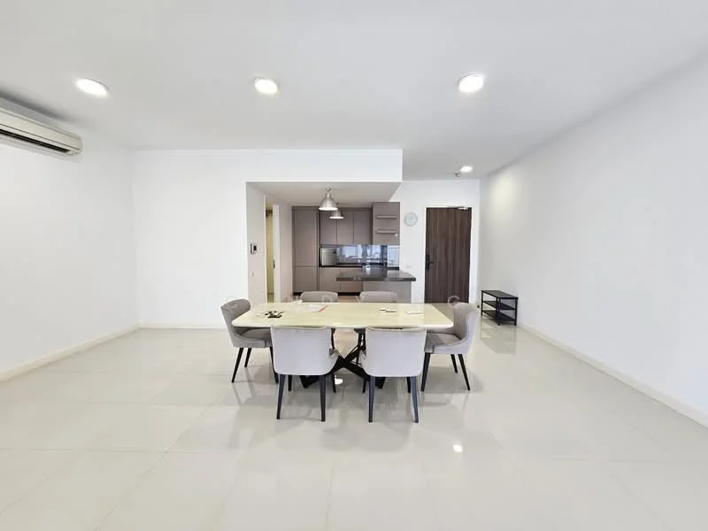 Dining features: 6-seater dining table, upholstered dining chairs, pendant light, wall-mounted split AC, white painted walls, glossy tile flooring, open layout to kitchen, neutral color palette; style: modern. Kitchen features: kitchen island, stainless-steel appliances, cabinets, countertop, open layout to dining; style: modern.