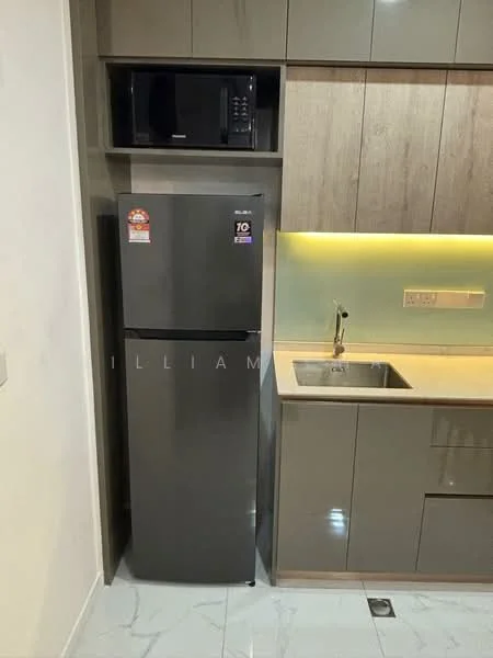 Kitchen features: stainless-steel fridge, built-in microwave, single-bowl stainless-steel sink, chrome pull-down faucet, laminate cabinetry in grey, light under-cabinet lighting, white marble tile flooring, wall-mounted cabinetry; style: modern.