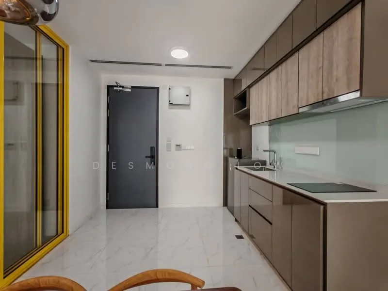 Kitchen features: white quartz countertop, brown cabinetry with flat-panel design, built-in oven, stainless-steel sink, chrome pull-down faucet, ceramic tile flooring, recessed downlights, sliding glass door, yellow-framed glass partition, wall-mounted air conditioning unit; style: modern.