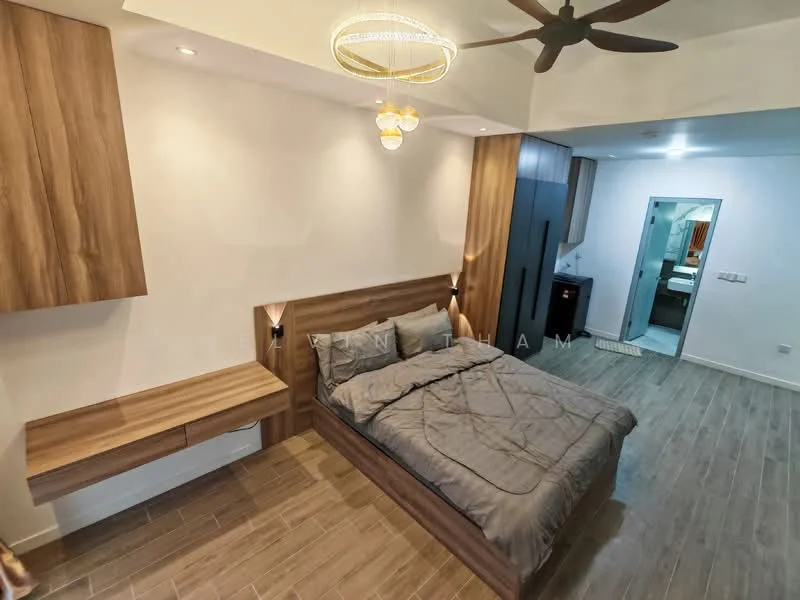 Bedroom features: king-size bed with grey bedding, wooden headboard, floating bedside table with drawer, ceiling fan with light, recessed downlights, wooden flooring, wall-mounted mirror, built-in wardrobe with sliding doors, decorative pendant light; style: modern.