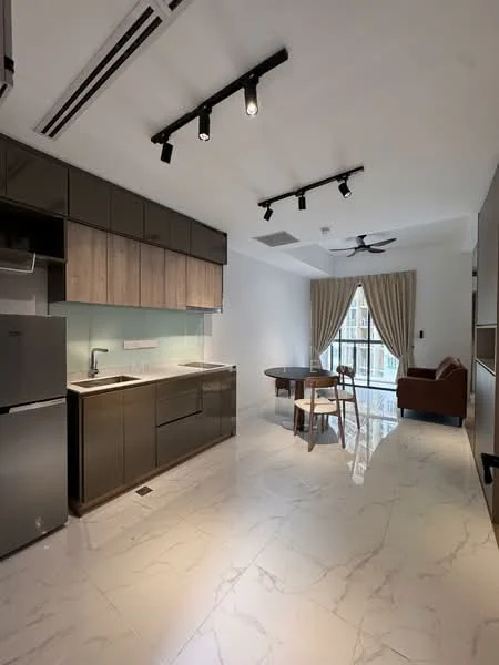 Kitchen features: marble tile flooring, white walls, wood cabinetry, black upper cabinets, stainless-steel fridge, built-in oven, single-bowl stainless-steel sink, chrome pull-down faucet, recessed LED downlights, 5-blade ceiling fan, dining table, chair, floor-to-ceiling windows, curtains; style: modern; view: city.