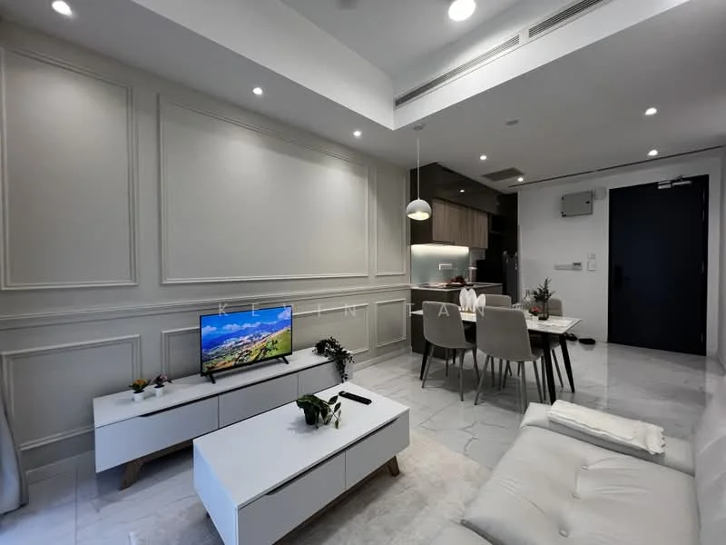 Living features: white painted walls with decorative paneling, marble tile flooring, recessed downlights, pendant lamp, wall-mounted TV, white TV console, grey fabric sofa, area rug, dining table with chairs, kitchenette in background, open layout, decorative plants; style: modern.